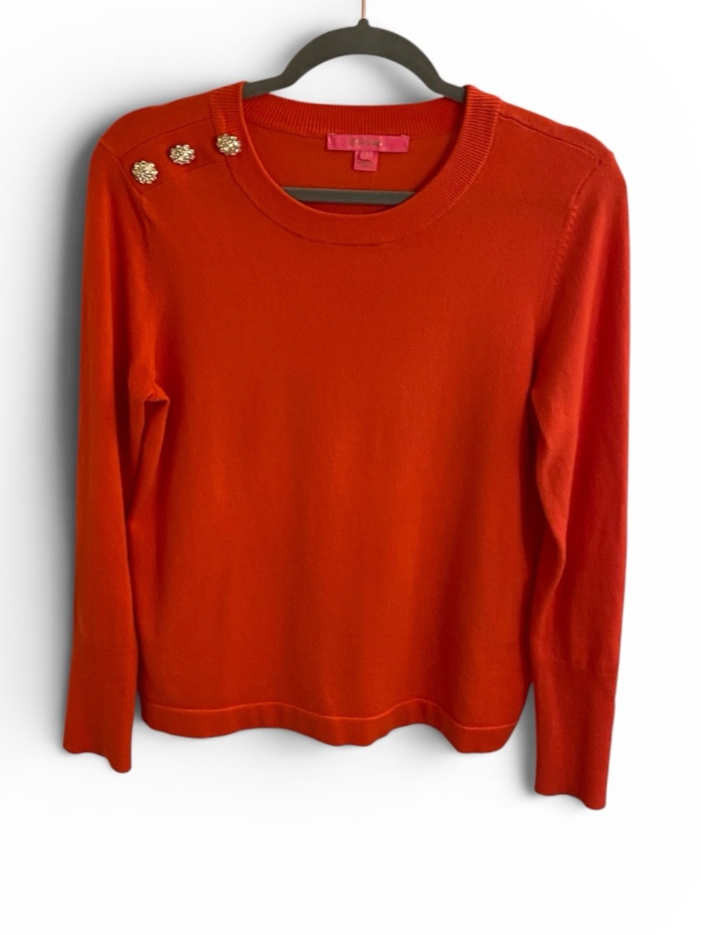 LILLY PULITZER Crewneck Sweater Vibrant Orange-Red Size Small Jeweled Shoulder - Picture 9 of 12